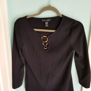 V neck black sweater with gold. Cable and Gage.